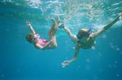 mother & child underwater finding dolphins in florida